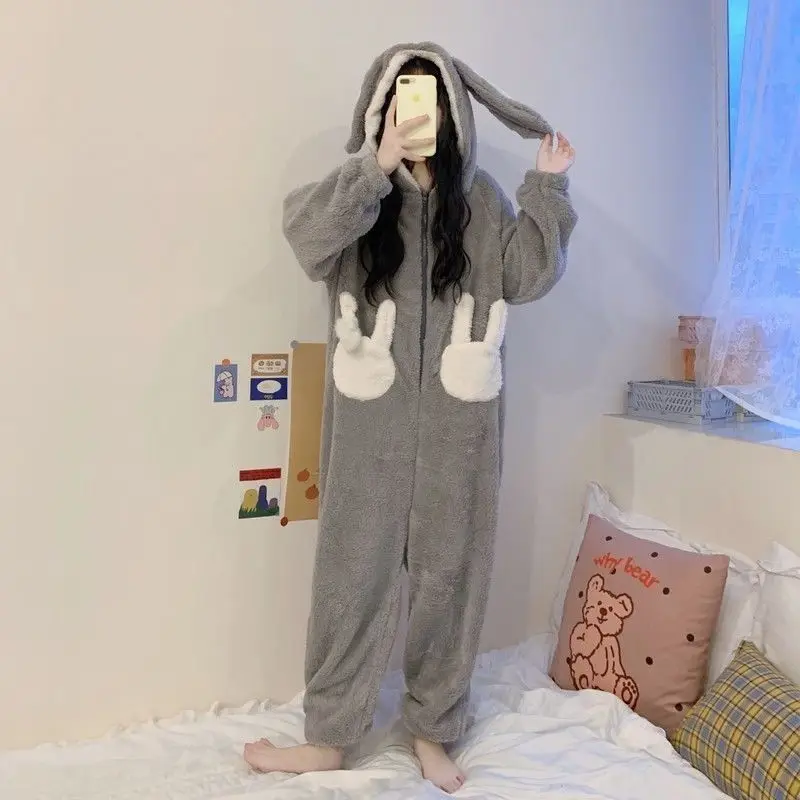 Thickened Coral Fleece Hooded Jumpsuit Pajamas Sleepwear Cute Cartoon Nightwear Pijamas Suit Winter Warm Flannel Home Wear