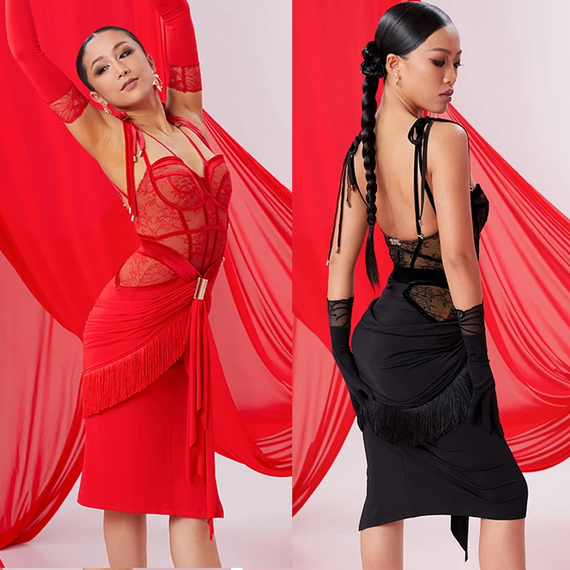 

DUYQ Latin Dance Performance Suit Sexy Halter Latin Top Ruffled Skirt Women'S Latin Dance Competition Costume Stage Wear SL13093