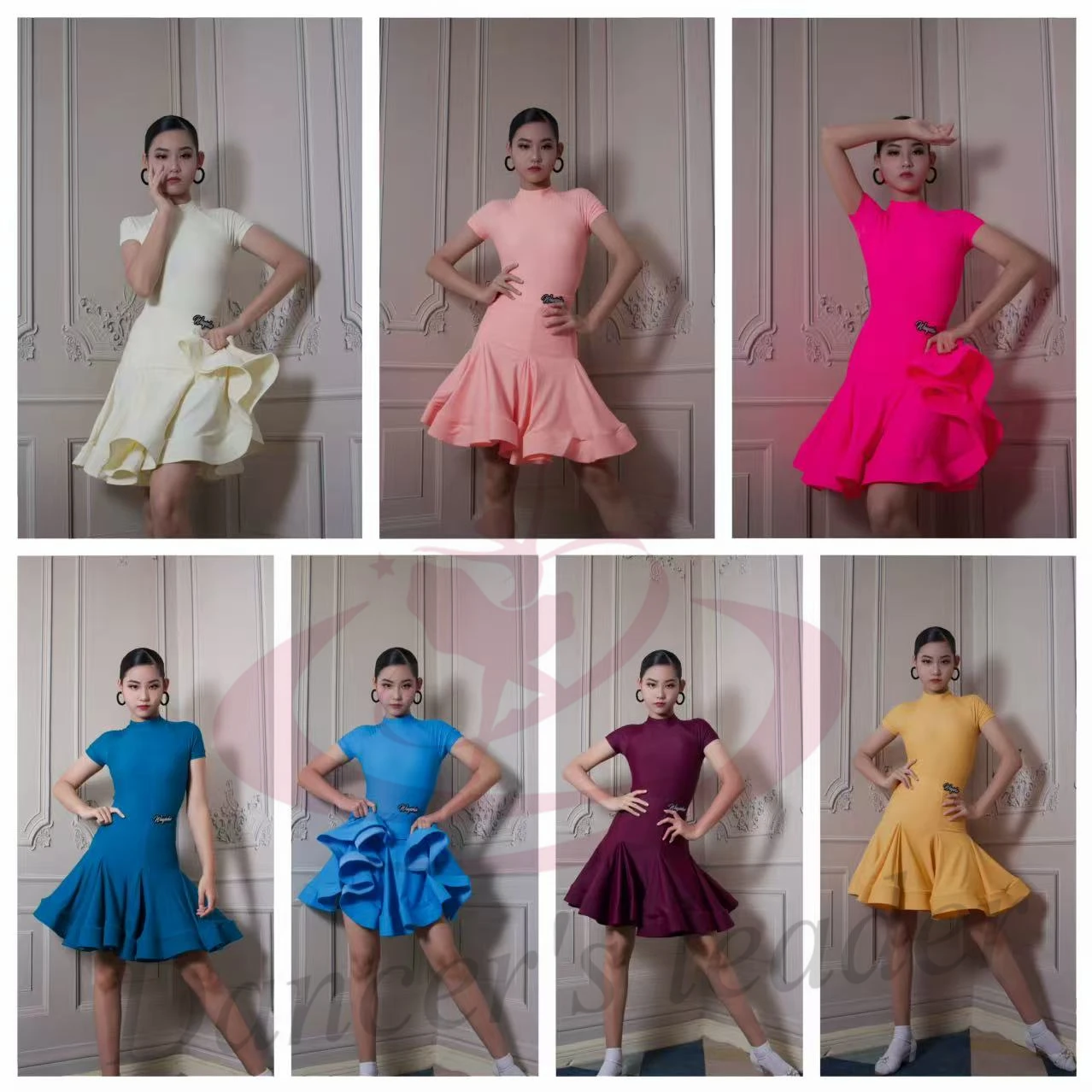 Costume da spettacolo con gonna a lisca di pesce personalizzata di fascia alta in tessuto di nylon standard europeo per bambini ballerina latina