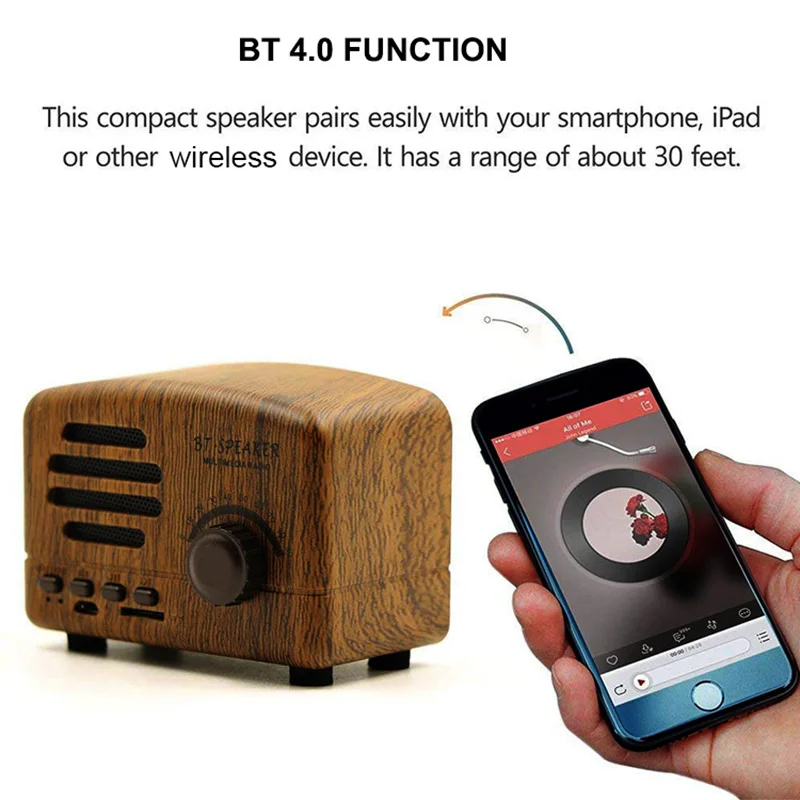 Altavoz portátil con efecto madera, dispositivo con radio fm, 5W, 600mah, estéreo, retro, bt