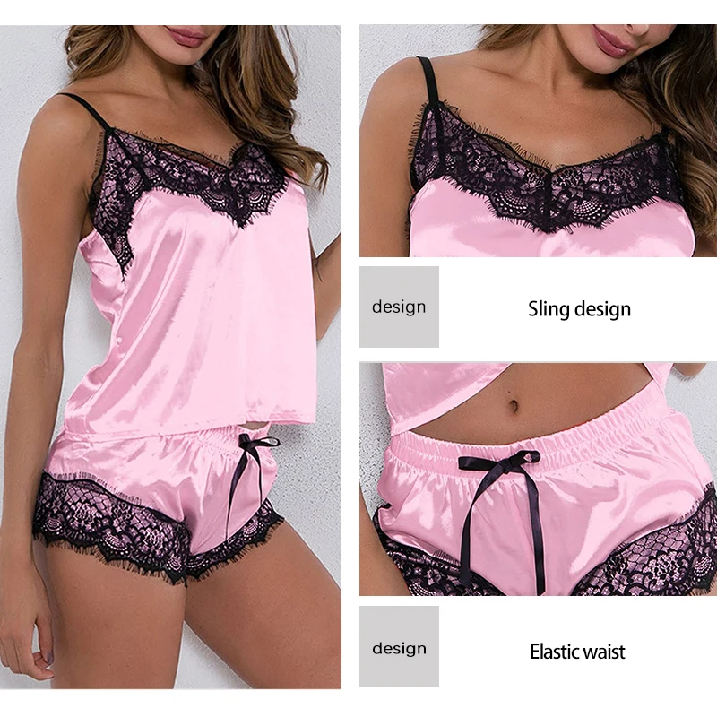 New Two Piece Set Sexy Split Style Sleepwear Lace Suspender Top Bow Shorts Lace Edge Women\'s Summer Casual Home Wear