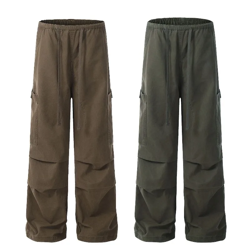 OR FL Pull Rope American Parachute 100 Cotton Women Cargo Trousers Trendy Brand Retro Baggy Short Stature Slacks Wide Leg Pants