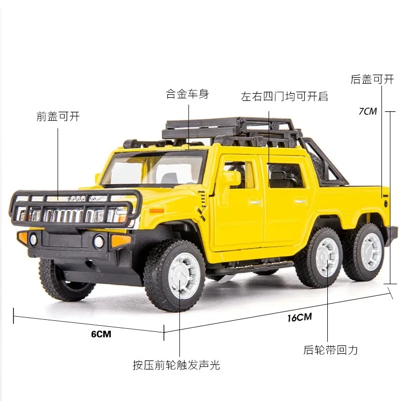 1:32 Hummer Pickup pressofuso in lega di metallo modello di auto tirare indietro lampeggiante veicoli giocattolo musicali per bambini regalo