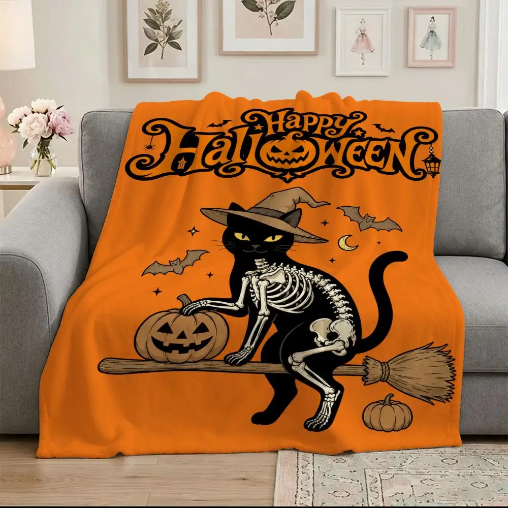 Halloween Black Cat Pumpkin Throw Soft Warm Flannel Blanket, Multi-use Throw for Bed Sofa Office, Air Conditioning Nap Blanket