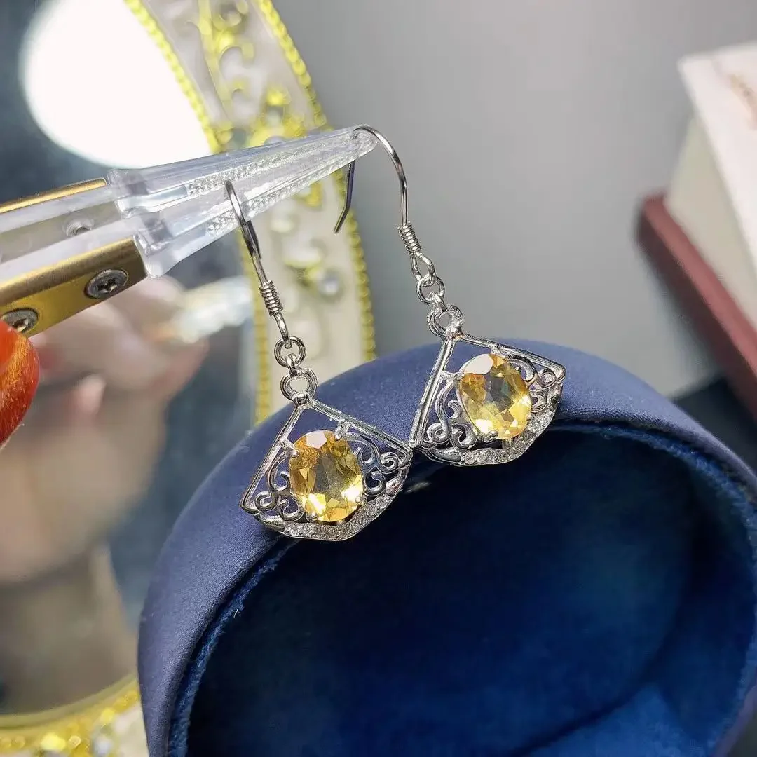 

Серьги-капли из серебра в китайском стиле с драгоценными камнями для вечеринки, серьги-капли с натуральным цитрином 6 мм * 8 мм, однотонные серьги из серебра 925 пробы с кристаллами