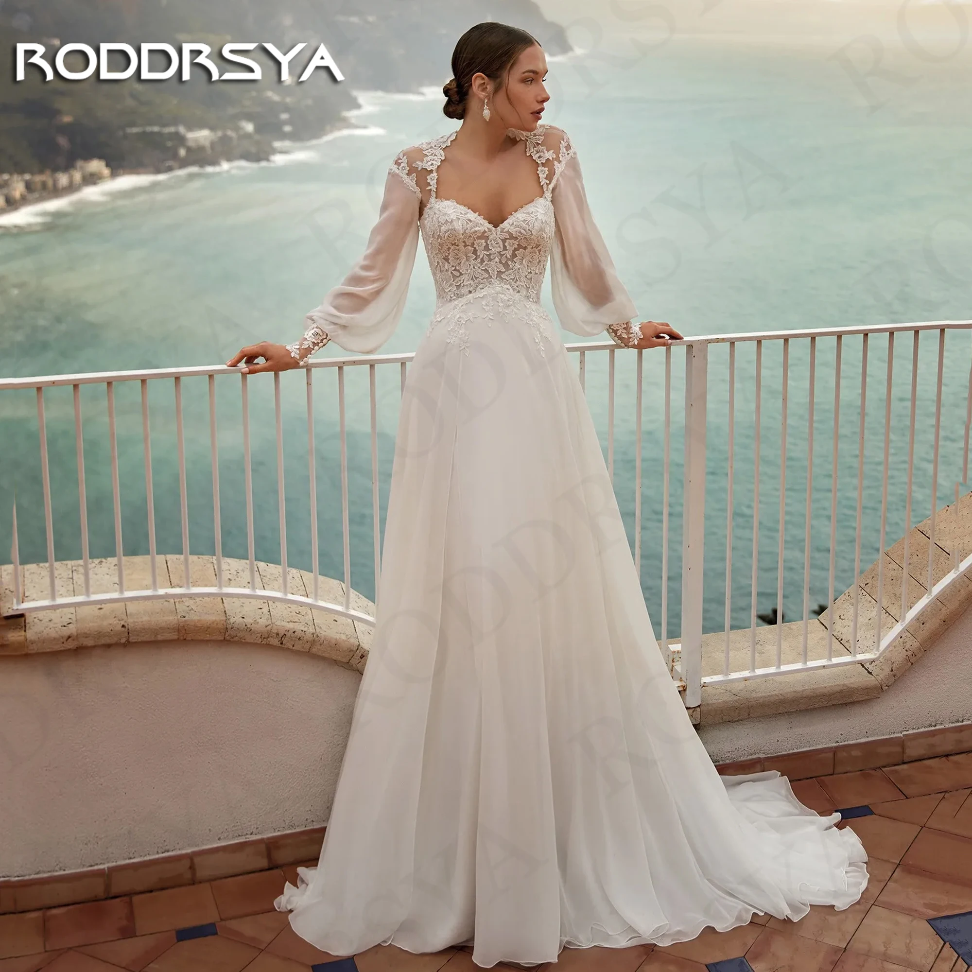 RODDRSYA Long Sleeve Beach Wedding Dresses For Bride Lace Appliques Illusion Back A Line Bridal Dress hochzeitskleid Chiffon