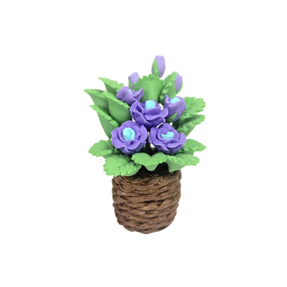 1/12 Dollhouse Miniature Accessories Mini Blue Rose Green Potted Plant Flower Model for Doll House Decoration ob11