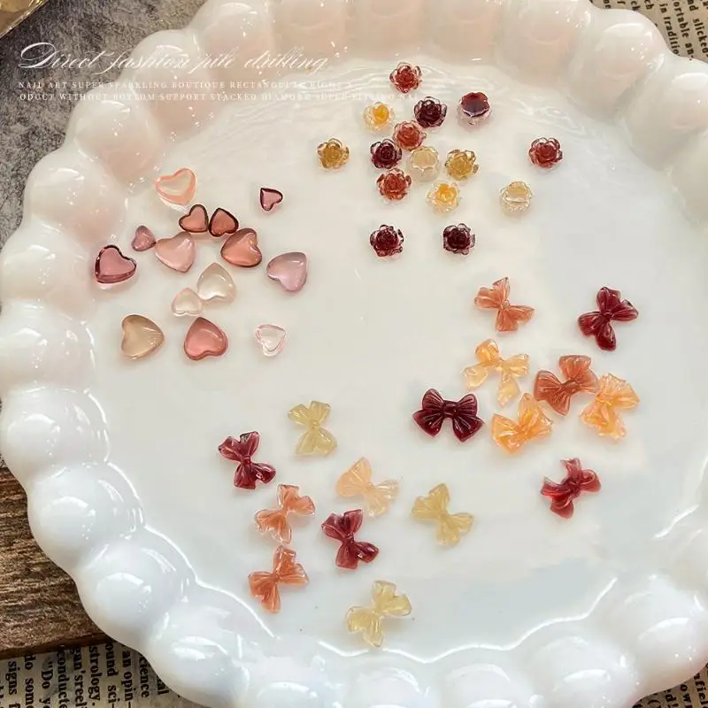 50pcs Nail Charms Mixed Butterfly Bow Camellia Heart Nail Decoration Autumn Style For Manicure DIY Material