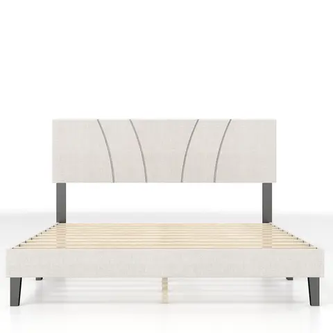 Marco de cama de madera Marco de cama tamaño queen Beige Marco de cama de madera con soporte de carga fuerte con cabecera para dormitorio 207x156x107cm