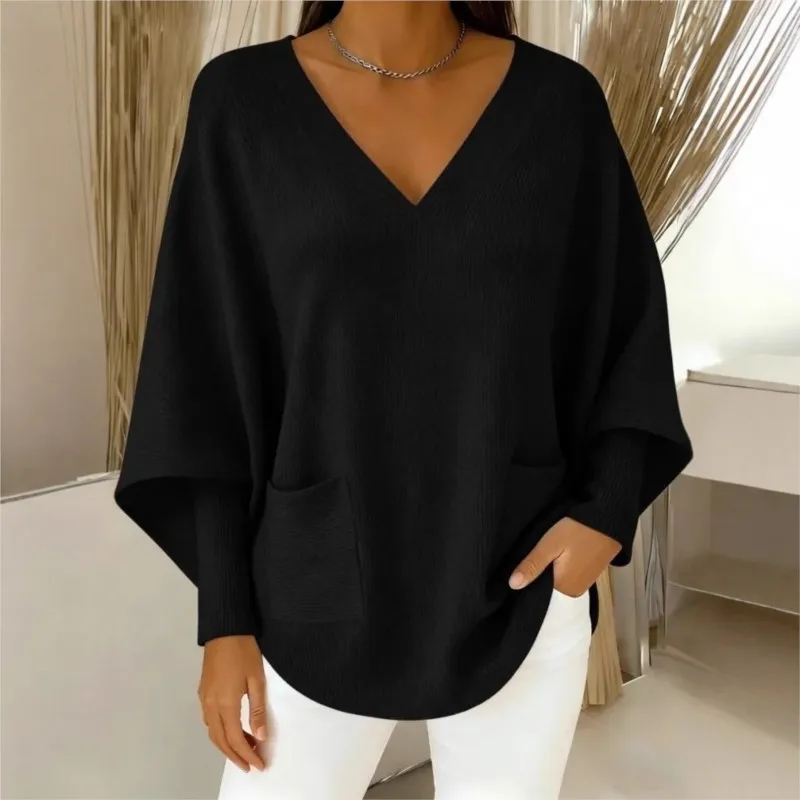 2026 New Autumn/Winter Women's pullover Solid Color V-Tie Pocket Casual Loose Fashionable Comfortable Versatile Simple pullover
