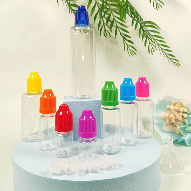 10Pcs 3ml-120ml Empty Squeezable PET E Liquid Dropper Bottles Eye Liquid Dropper Container With Color CRC Cap with Free Funnels