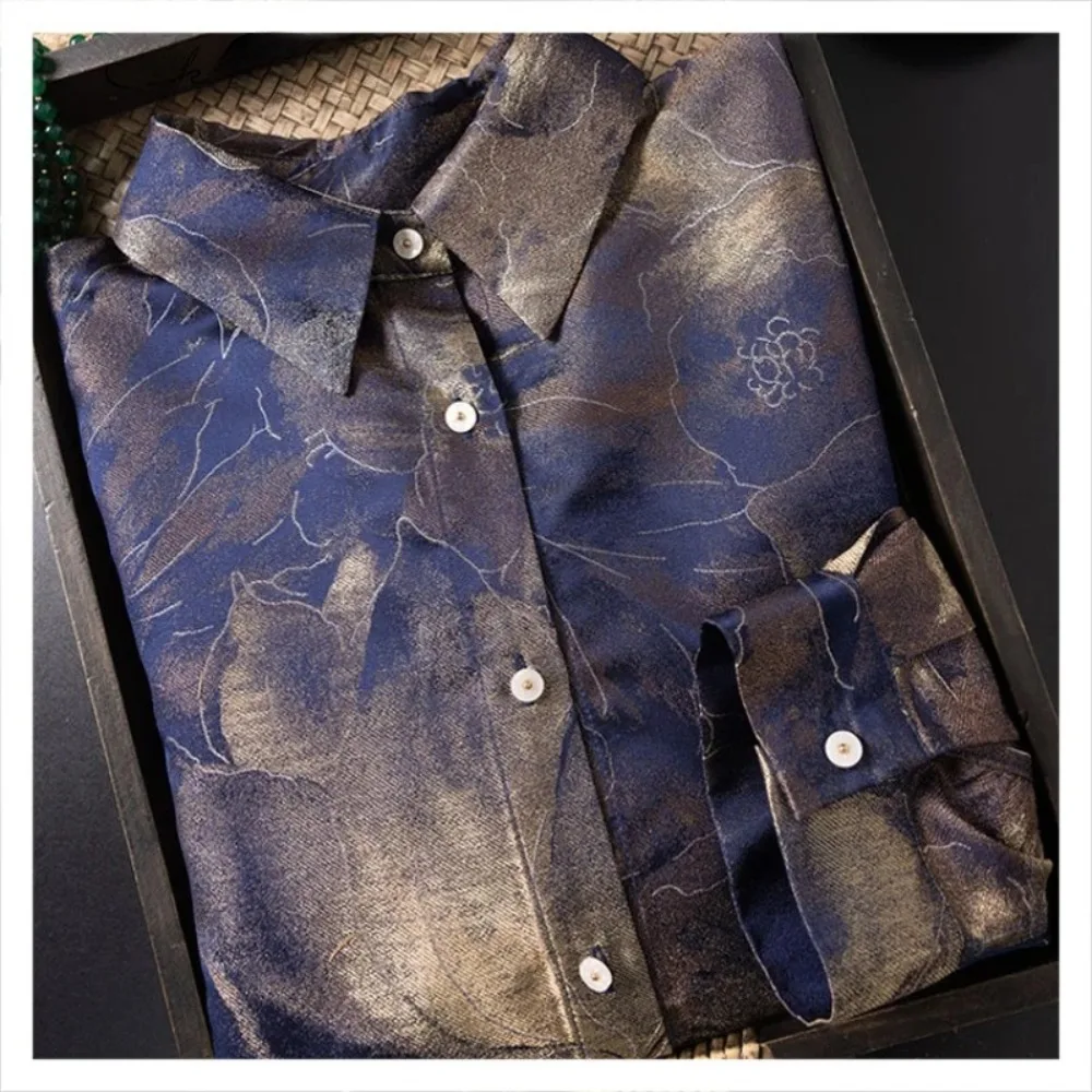 2026 여성 패션 봄 의류 100% 천연 뽕나무 실크 송 브로케이드 네이비 블루 연꽃 레트로 다용도 기품 있는 셔츠