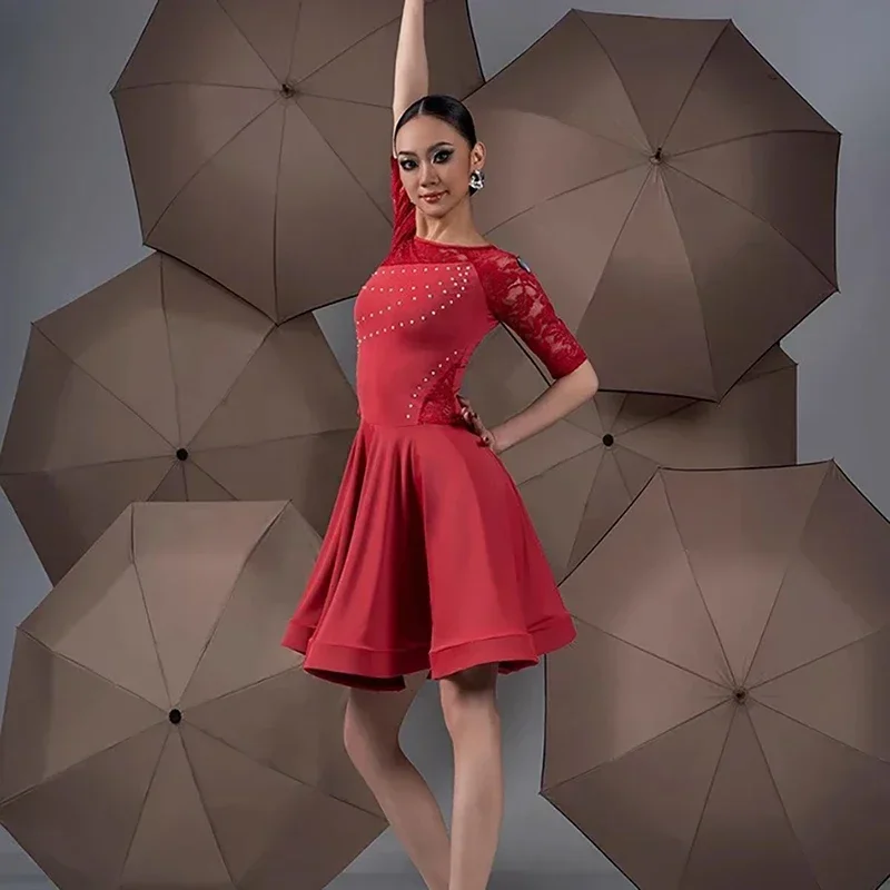 Latin dansjurk Dames Competitie Ballroom Danskleding Kanten mouw Salsa Rumba Chacha Prestatiekostuums
