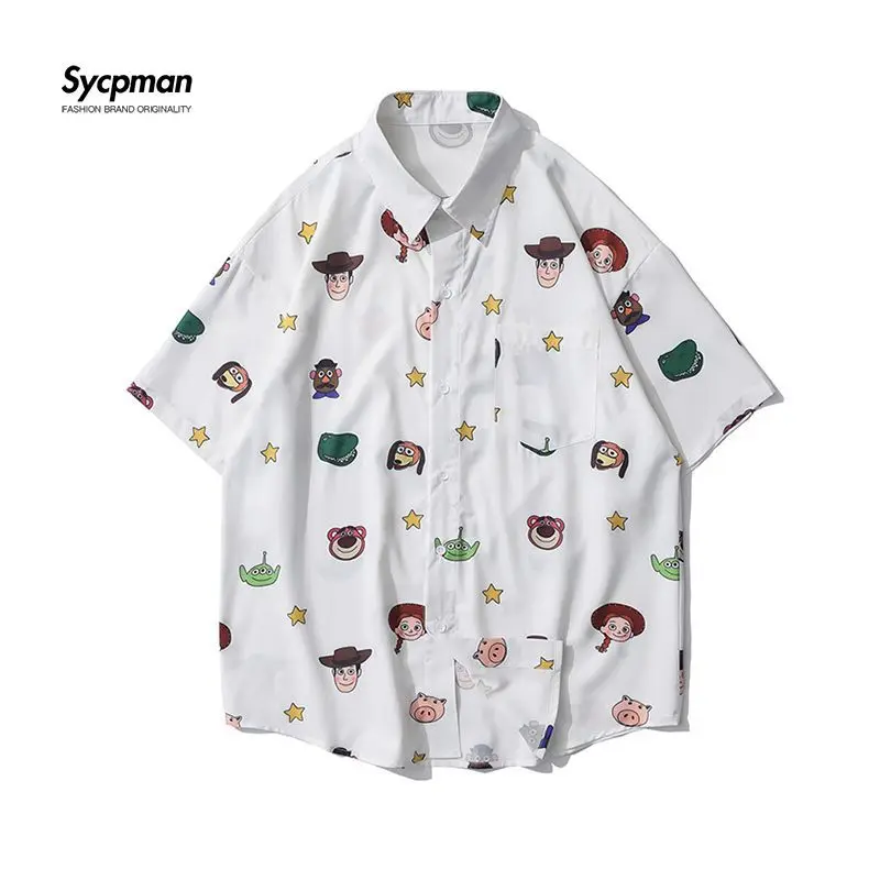 Sycpman Oversize Summer Fashion Cartoon Printing Personality Joker Couples Casual Shirts Mens Male Female Students White Shirt