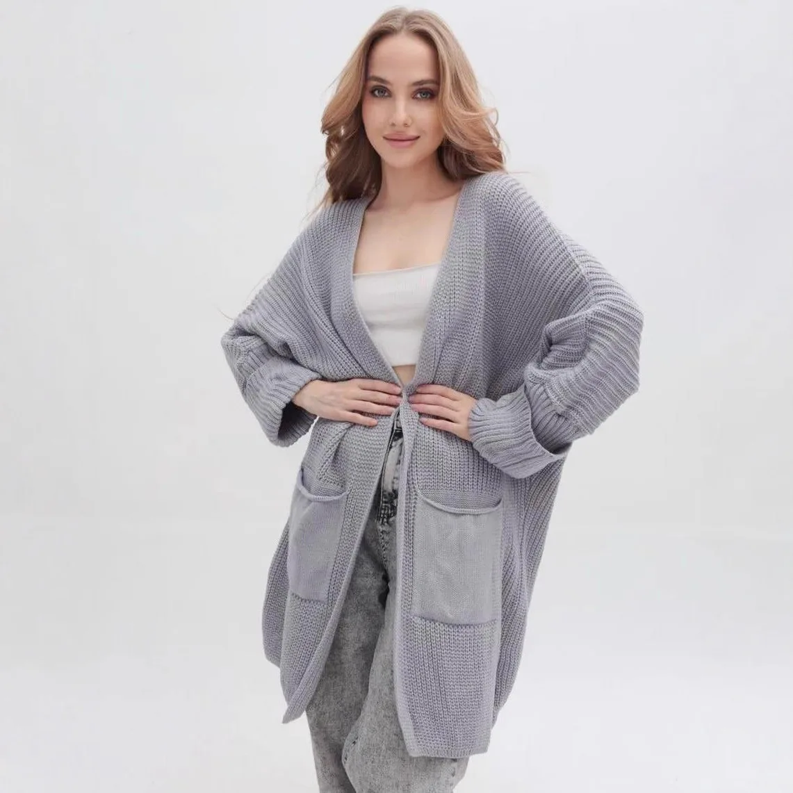 

Женский вязаный кардиган средней длины в европейском и американском стиле больших размеров с карманами, свободный, удобный для осени и зимы