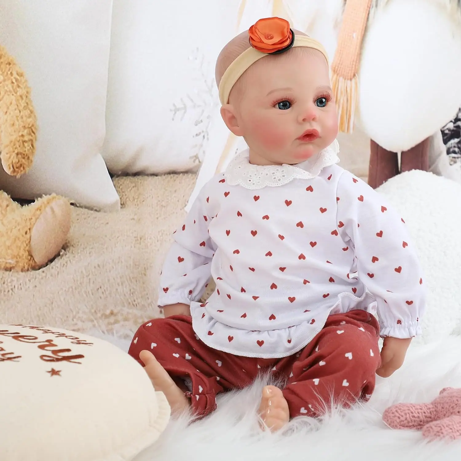 18 Inch Vinyl Reborn Girl Doll, Collectible Edition, Cute Expression with Exquisite Facial Details, Blue Eyes & Flower Headband,