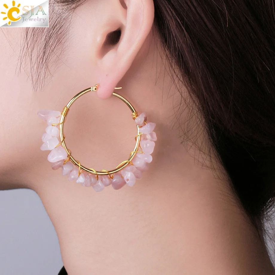 CSJA Luxury Natural Stone Hoop Earrings for Women Gold Color Wire Wrap Chip Bead Pink Crystal Earrings Fashion Jewelry 2022 H015