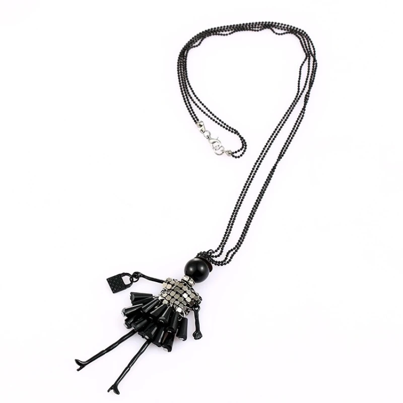 Korean Fashion Women\'s Sweater Chain Necklace Black Red Cartoon Doll Pendant Beads Link Necklaces For Women Christmas Gift