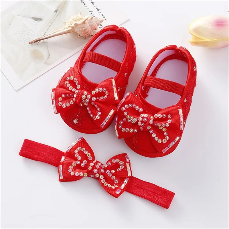 EWODOS Baby Girls Mary Jane Flats Beaded Bow Princess Shoes Dress Red Walking Shoes and Headband Newborn Infant for Christmas