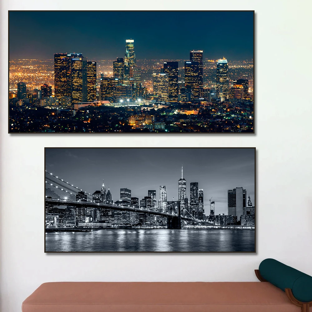 Los Angeles Cityscape Poster Print New York Manhattan City Skyline Canvas Painting Wall Art Architectural Home Decor Mural