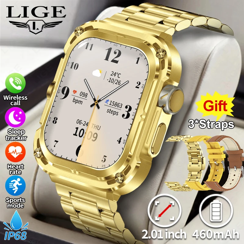 

Military Gold Smart Watch Men 2.1" Bluetooth Call Smartwatch Heart Rate Blood Oxygen Sports Fitness Smartwatches for Android iOS