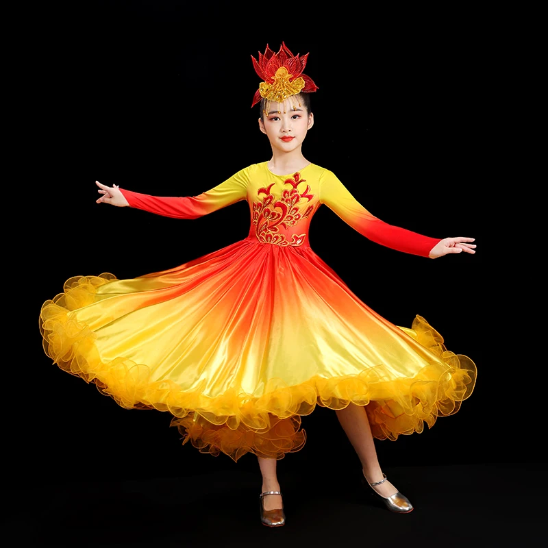 Dziewczęce hiszpańskie sukienki do tańca Flamenco 360/540/720 stopni puszysta duża spódnica typu swing chór otwarcie taniec występ na scenie kostium