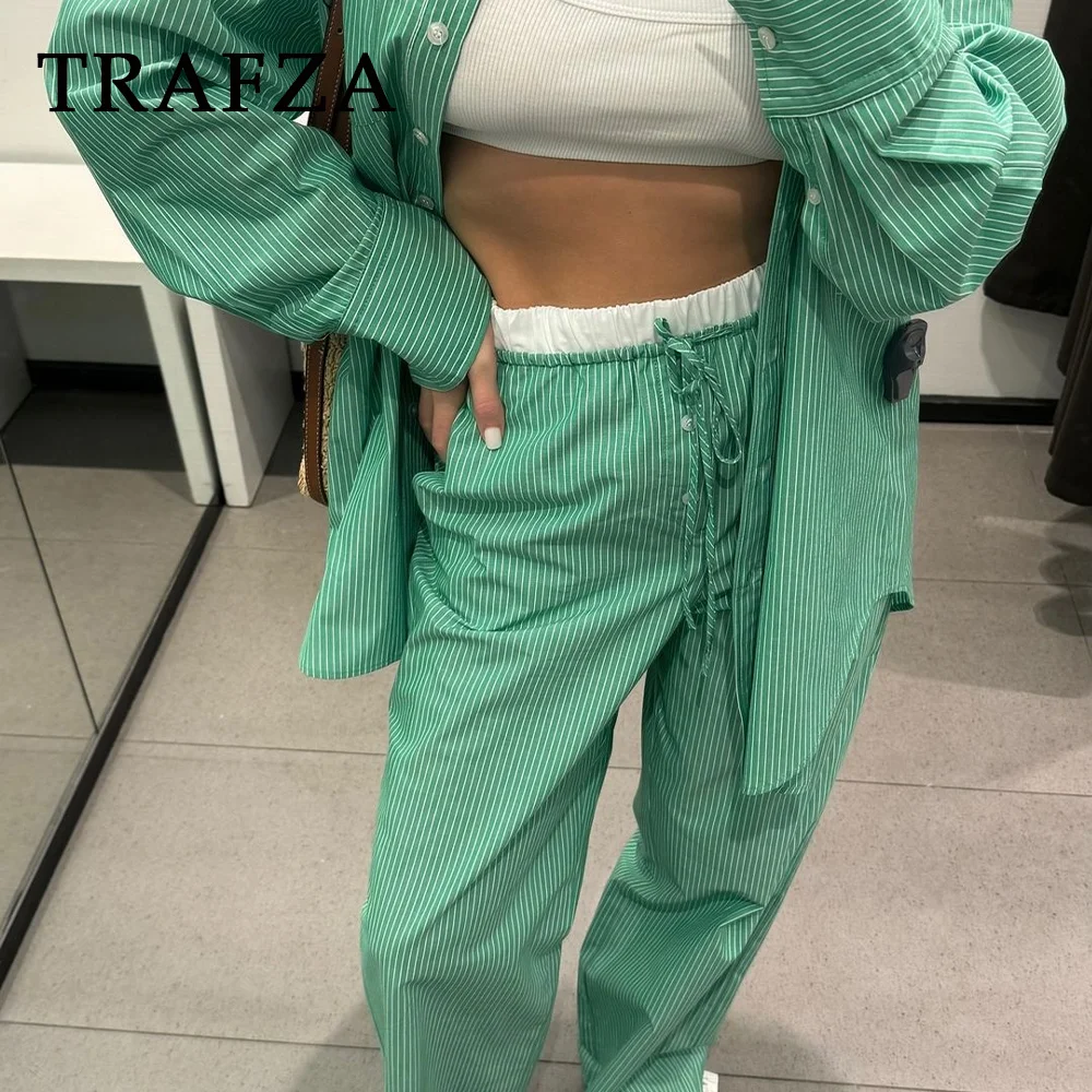 TRAFZA 2024 Spring Summer Casual Striped Women Suits Fashion Vintage Single Breasted Shirts+High Waist Drawstring Ladies Pants