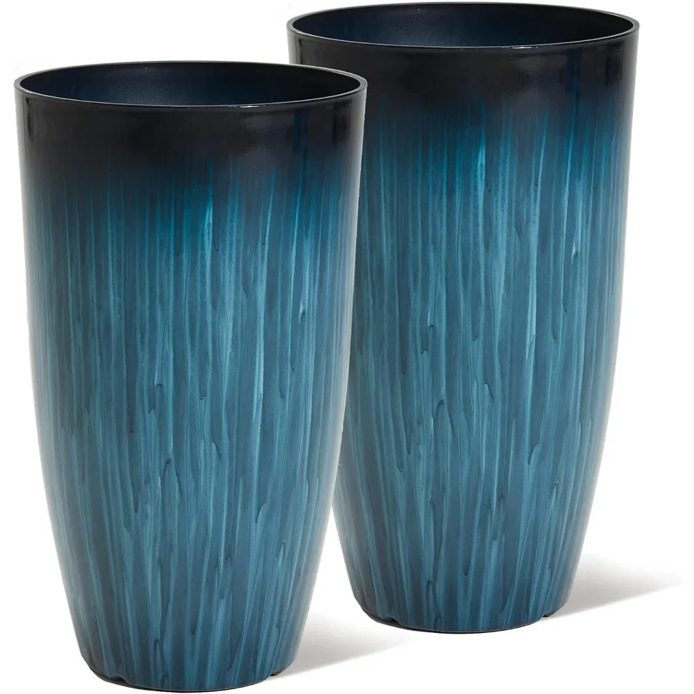 

Garden 23.5" H. Large Plastic Planters - Set of 2 Gradient Blue Glossy Smooth Finish - Tall Plant Pots for Indoor & Outdoo