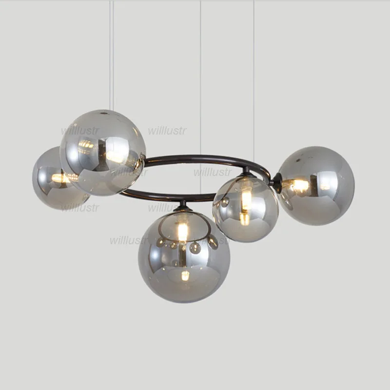 Metal Ring Pendant Lamp Amber Smoke Glass Ball Suspension Light Hotel Cafe Bedroom Black Copper Iron Hanging Ceiling Chandelier