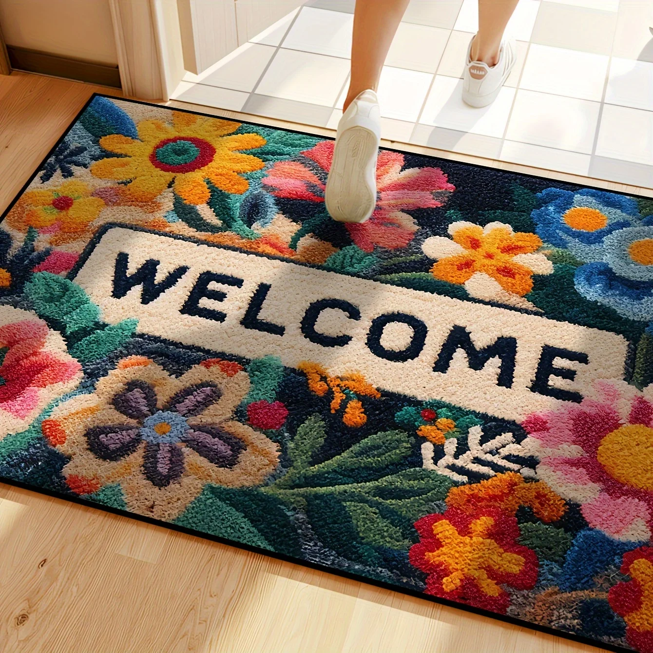 VIKAMA Schöne Blumen-Fußmatte, rutschfeste Bodenmatte, saugfähige Badezimmermatte, Teppich für Schlafzimmer, Wohnzimmer, Teppich, Willkommensmatte