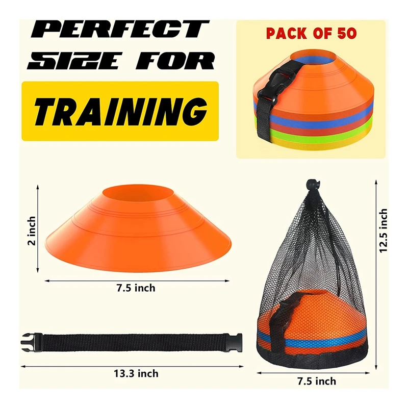 50 Pack Football Cones, Kids, Field Marker With Strap Carry Bag For Football Basketball Skating