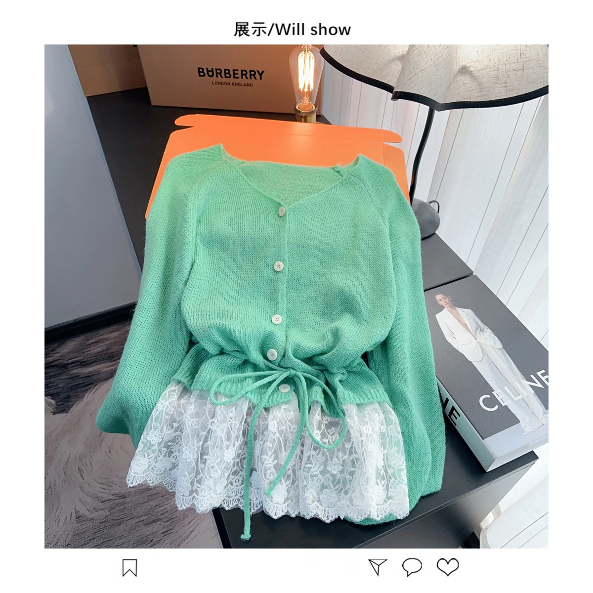 

Women's Green Lace Patchwork Waist Lace O-Neck Sweater 2000s Elegant French Spring And Summer New Thin Knitted Long-Sleeved Top