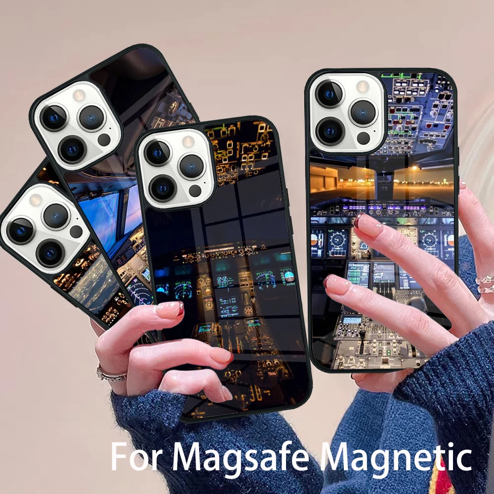 

Cool Airplane Cockpit Phone Case Magesafe Magnetic Wireless Charge Cover For IPhone 16 11 12 13 14 15 Pro Max Plus Mini
