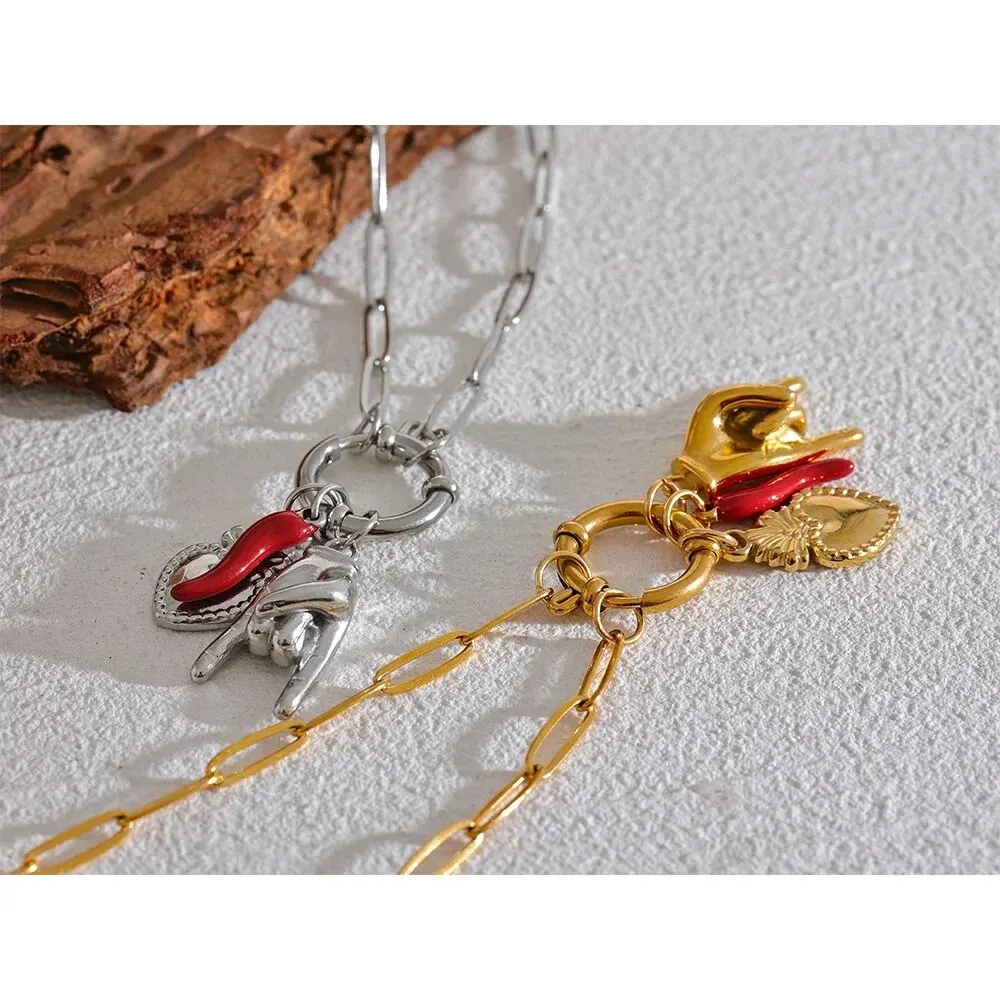 Red Chilly Gold Palm Heart Pendant Women Necklace Korean Chain Red Epoxy Silver Color Option Women Evening Party Jewelry