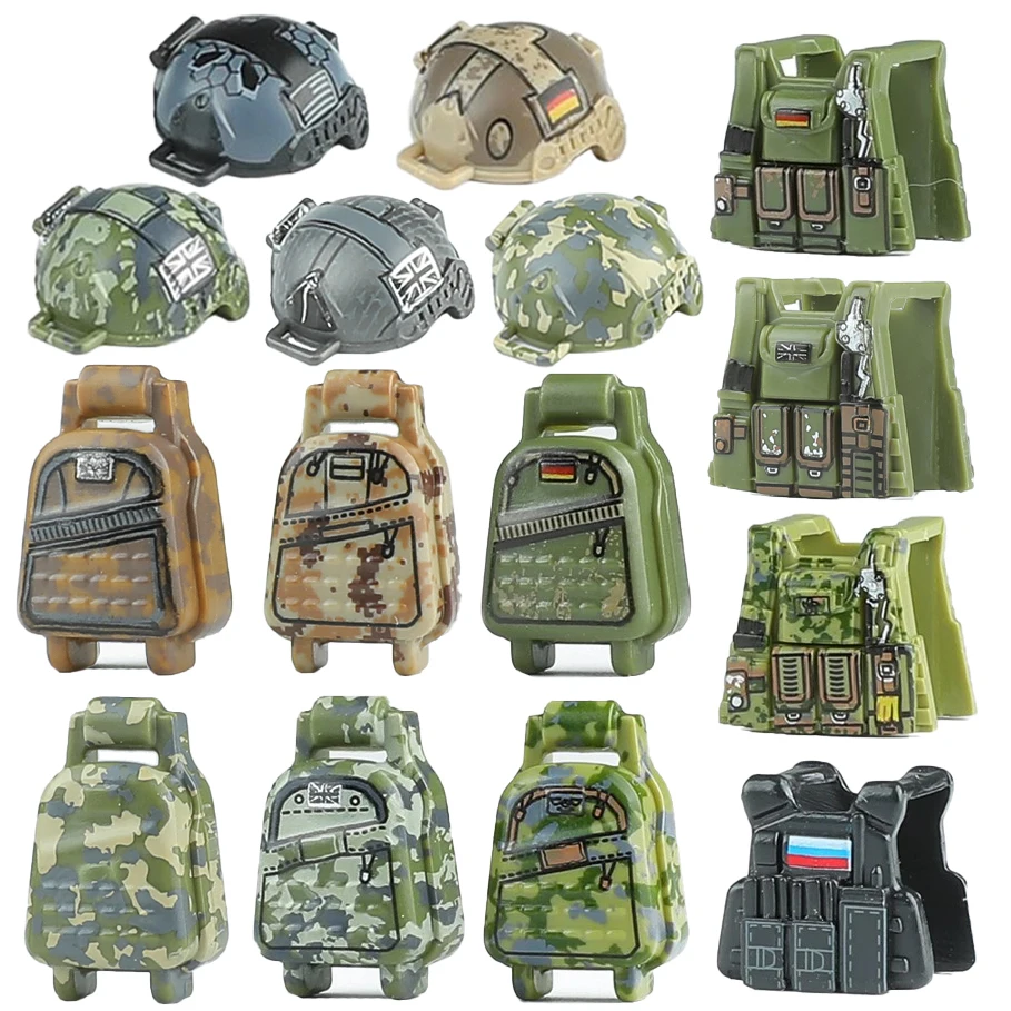 MOC Camouflage Tactical SWAT Helmets Building Blocks Russian Soldiers Vest UK Backpack Weapons Accessories Bricks Toys Boys Gift