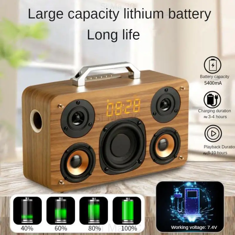 40W Portable K Song Hi Fi Wooden Bluetooth Speaker with Clock Alarm Outdoor Karaoke Party Subwoofer Support USB Disk TF Card AUX