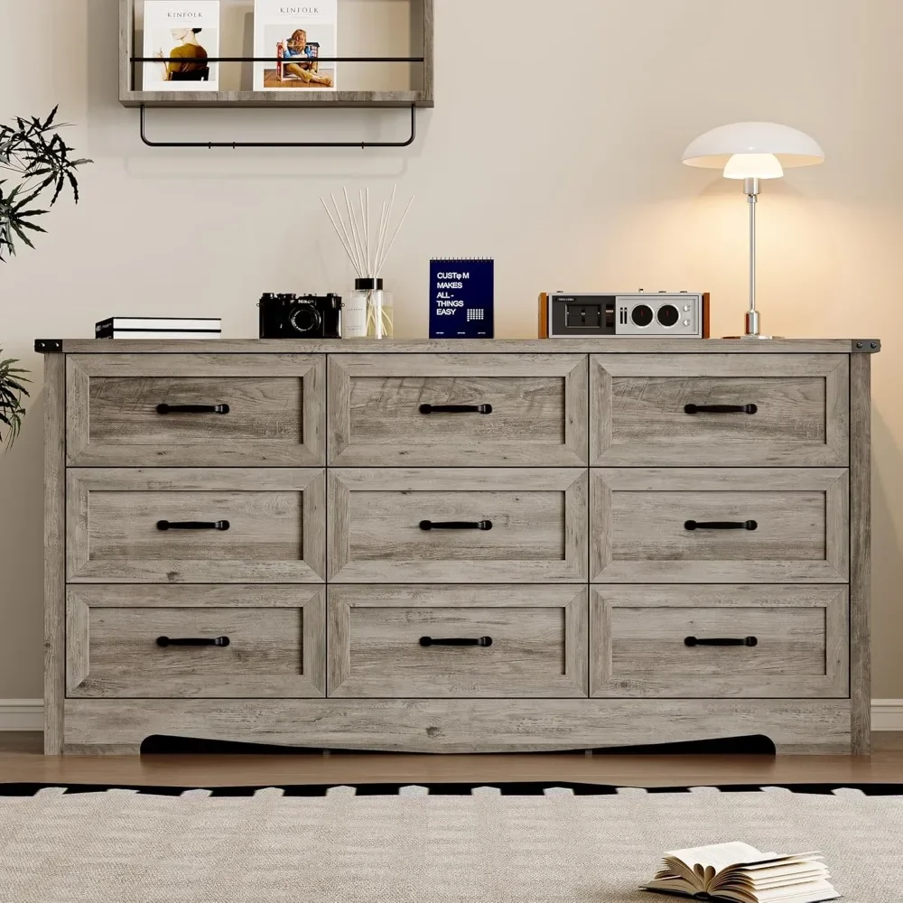 9-Drawer Dresser for Bedroom, Modern Wooden Chest of Drawers with Metal Handles, Anti-Tipping Design,
