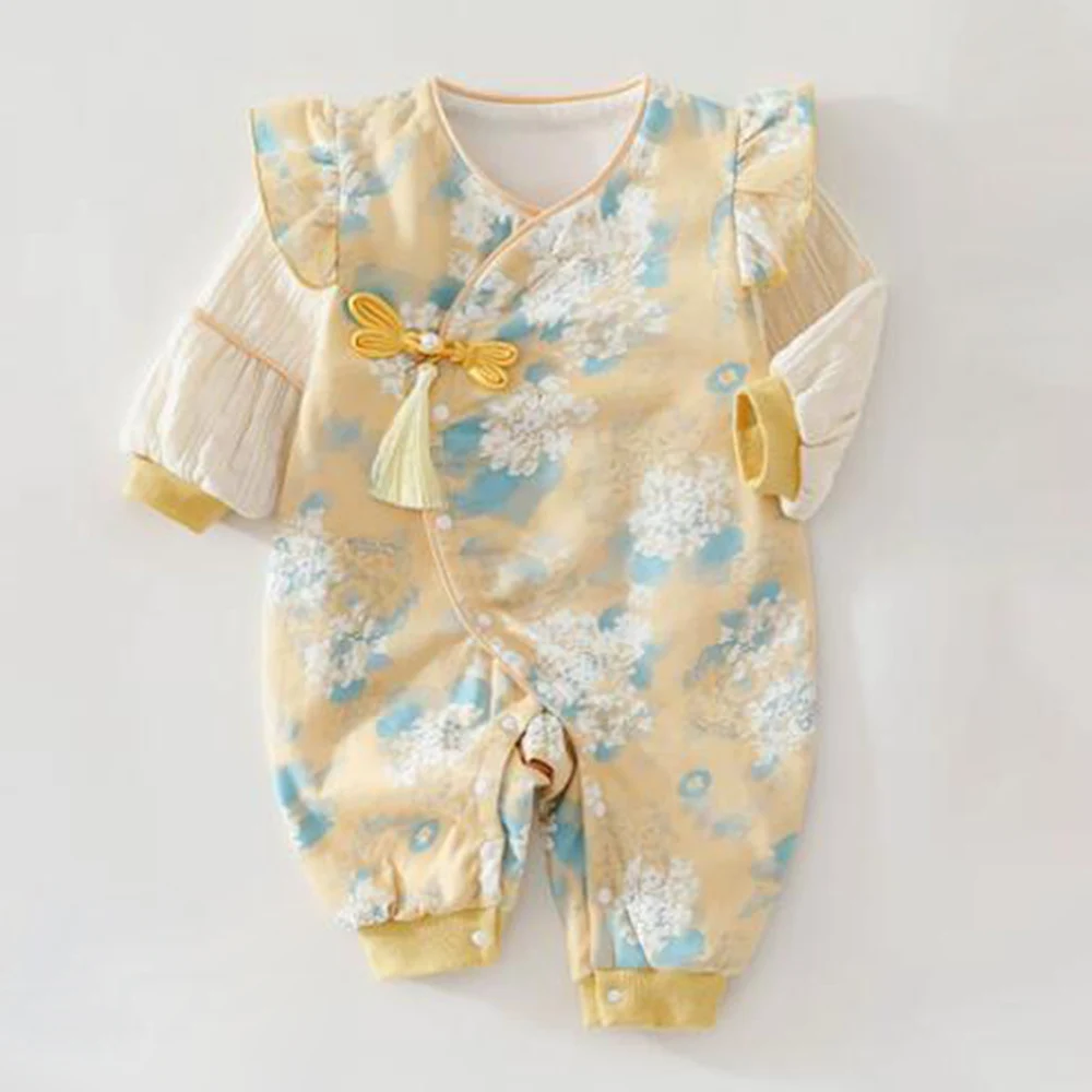 Chinese Style Baby Romper Autumn Spring Long Sleeve Girl Princess Outfit Traditional Mandarin Collar Newborn Infant 0-12 Months