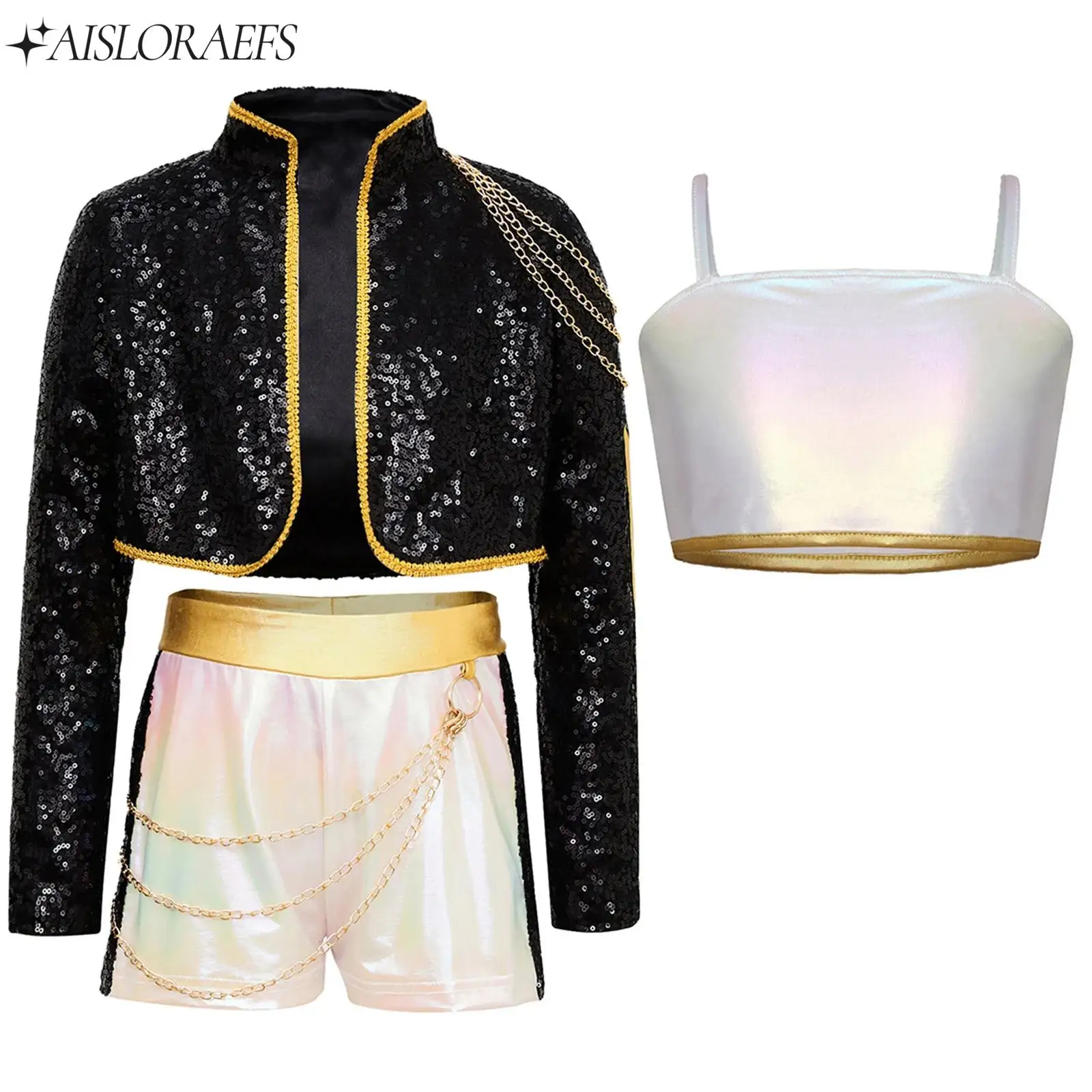 

Girls 3Pcs Demon Cosplay Singer Outfit Iridescent Gloss Crop Top Long Sleeve Trim Sequins Outer Wear And Waist Chain Shorts