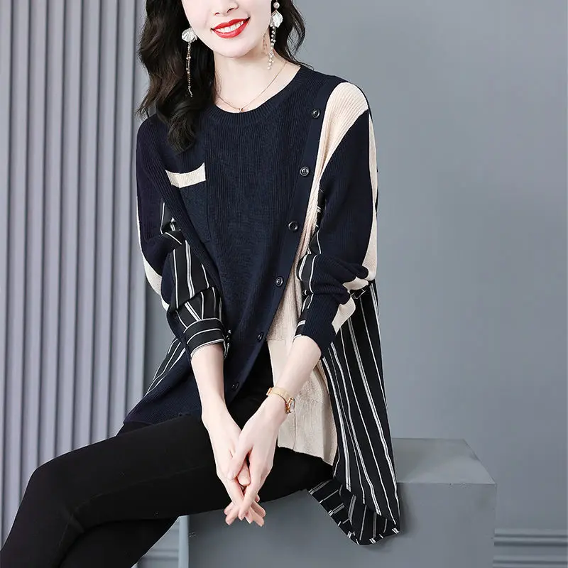 European goods pullover sweater women 2023 spring new high-end chic design Western style striped stitching knitted sweater top