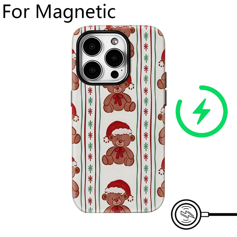 Magnetic Phone Case for iPhone 17 16 15 14 13 12 11 Pro Max Plus Air Double-layer Back Cover Luxury Clmj Plaid Teddy Bears Cool view 3