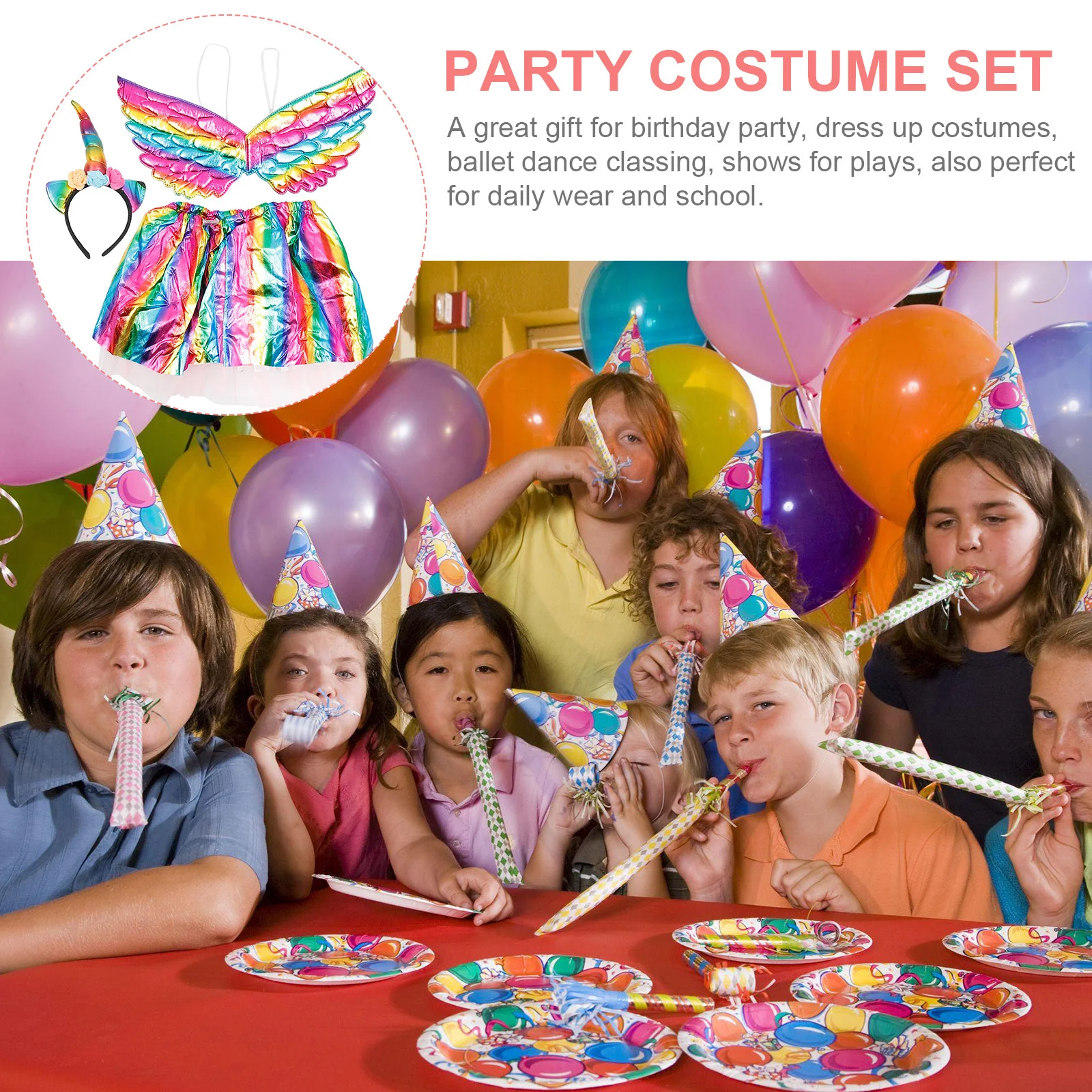 3-częściowy zestaw dla dzieci: opaska na głowę jednorożca, skrzydła, tiulowa spódniczka, tęczowy strój księżniczki, kostium na imprezę, występ sceniczny, zestaw skrzydeł i spódniczki
