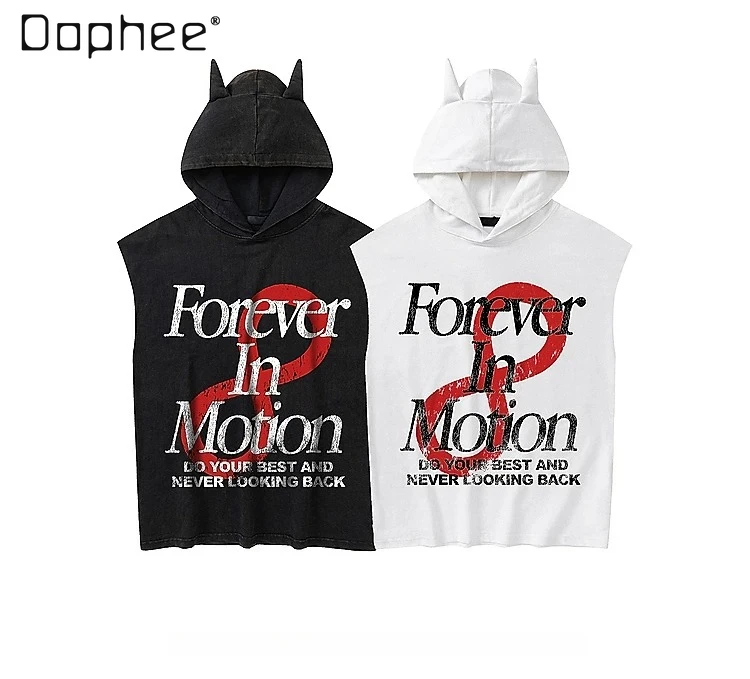 Summer New American Retro Subculture Men Hooded Tank Top Black White Number Letter Print Sleeveless Vest Cool Casual Streetwear