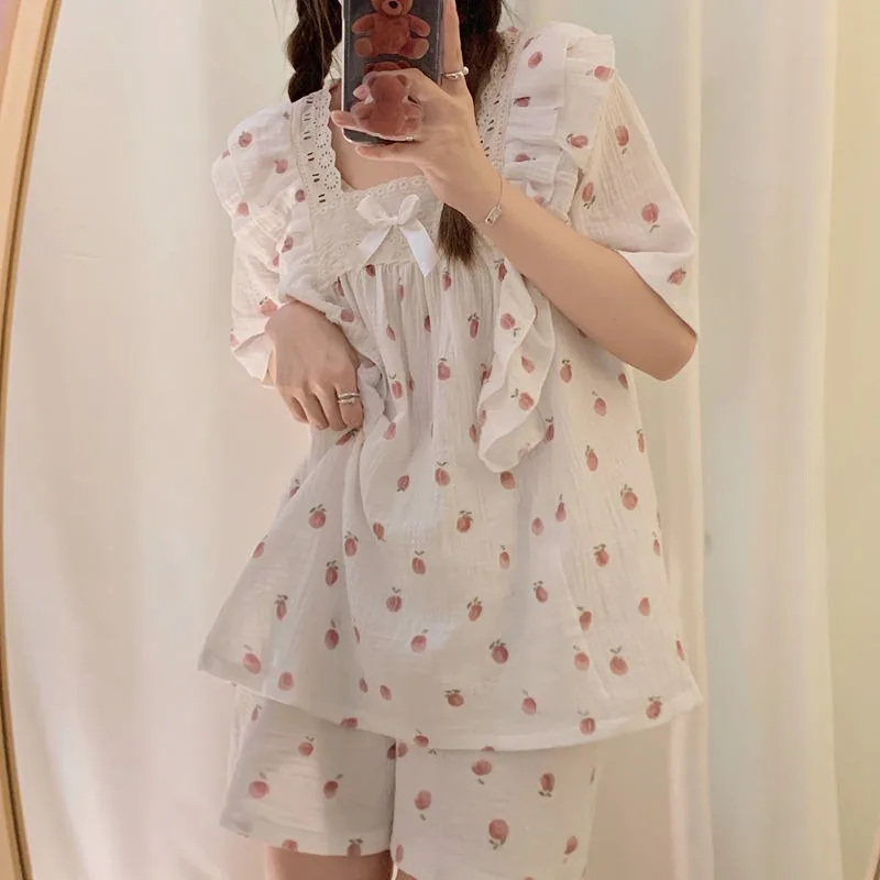 

Peach Sleepwear Women Pajama Sets Ruffles Piiama Korean Sets 2 Pieces Summer Short Sleeve Night Wears Square Collar Home Suit