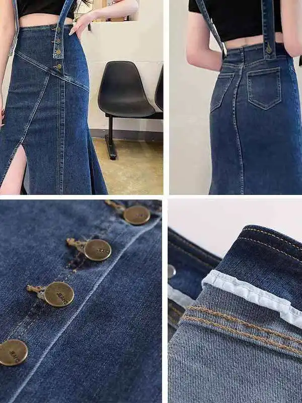 

Stretch Stitching Split Denim Skirt Women's Spring Faion Cleanfit mid Waist PVC Cotton Embroidery Fi Tail Skirt