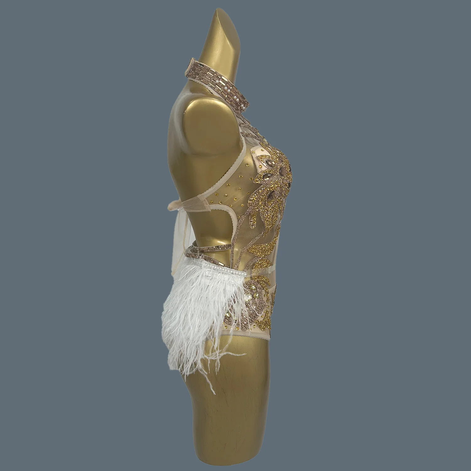 Sparkly Gold Rhinestone See Through Mesh Feather Bodysuit Gloves Set Sexy Showgirl gig Wear Dance Party Outfit Gaolingjinyumao
