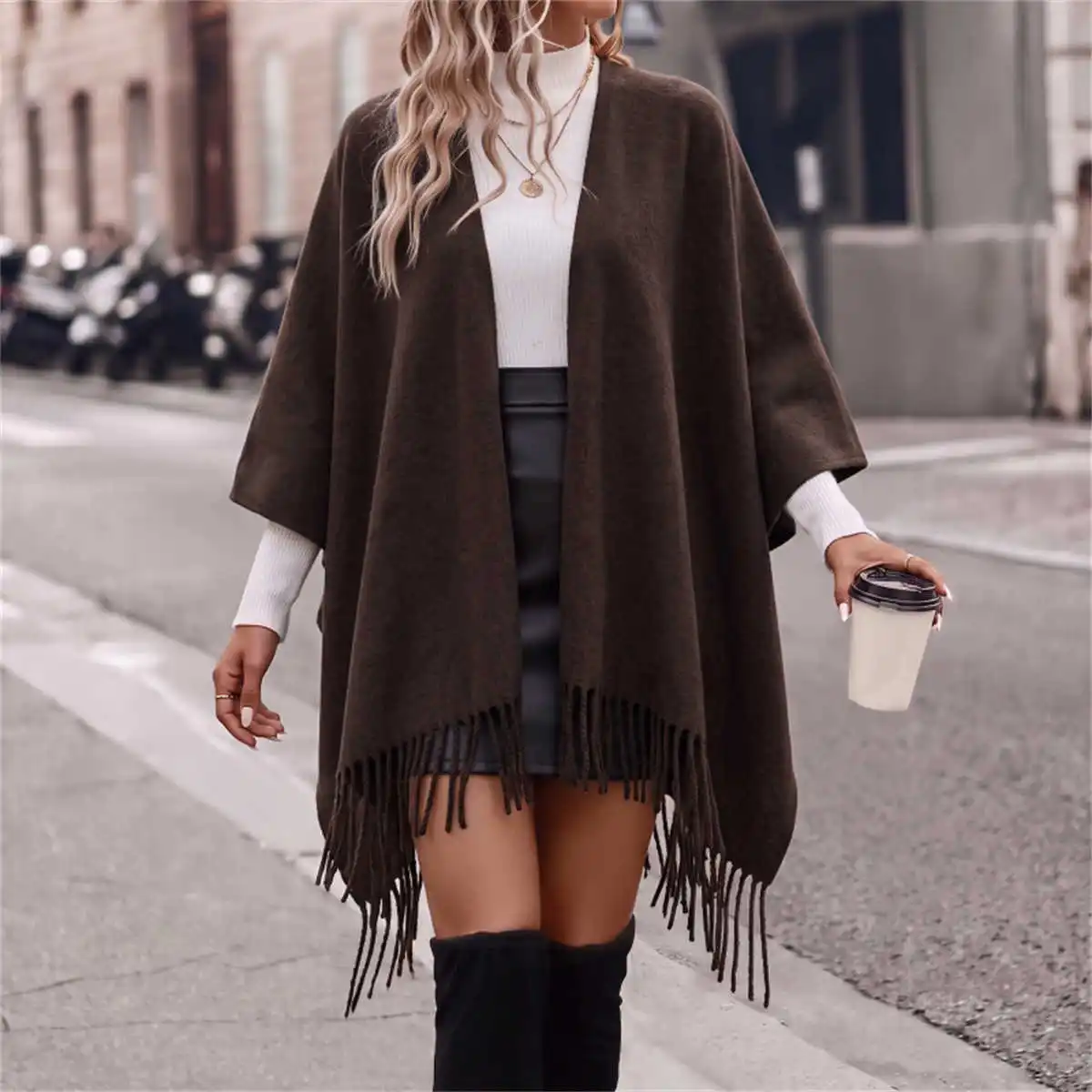Women Solid Super Thick Cape Shawl With Tassel Open Front Poncho Wrap Coat Knit Cuff Sleeve Soft Warm Oversized Winter Outwear