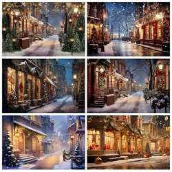 Christmas Town Street Photography Backdrop Winter Xmas Tree Village House Snowfield Family Party Portrait Photo Background Decor