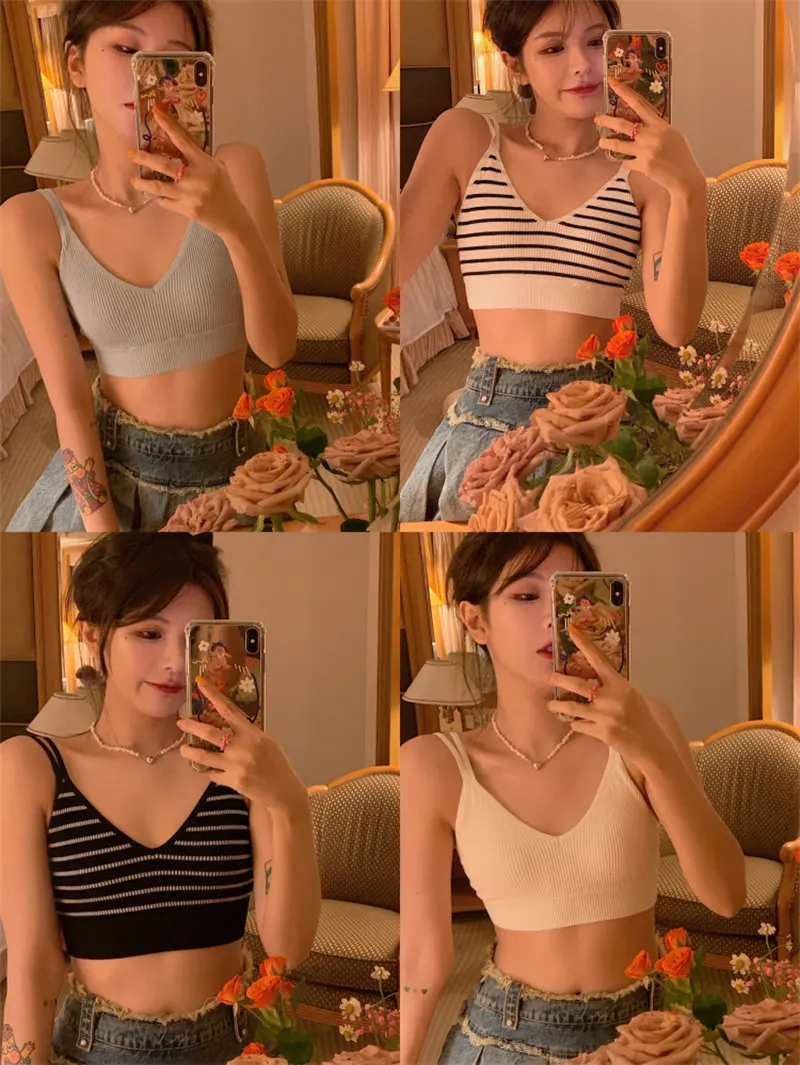 Summer Women's Knitted Stripe Strap Vest Short Wrap Chest No Sleeve T-shirt Base Shirt Inner Wear Outer Wear Casual Top