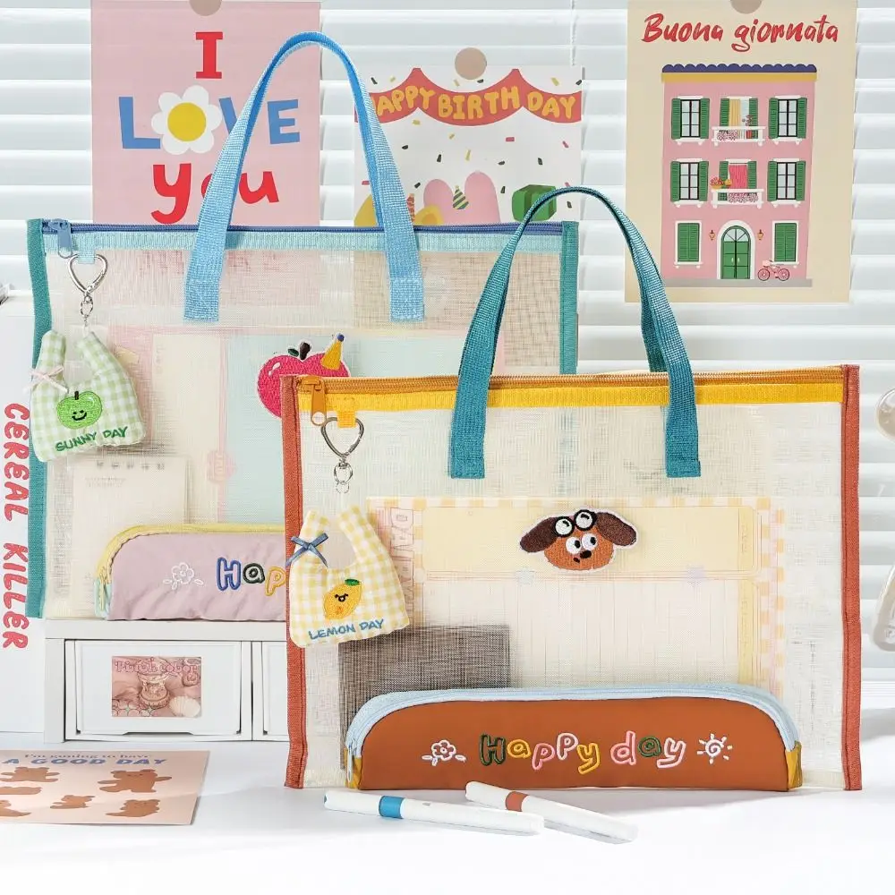 Kawaii Mesh Document Bag Clear Visible Handheld File Bag with Pencil Case Tuition Bag School Office